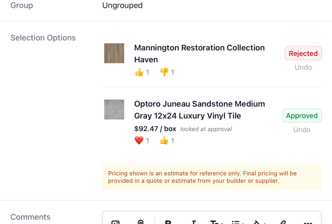 Selection card with three reaction emoji buttons (love, like, dislike) above an open comment field with a few sentences typed